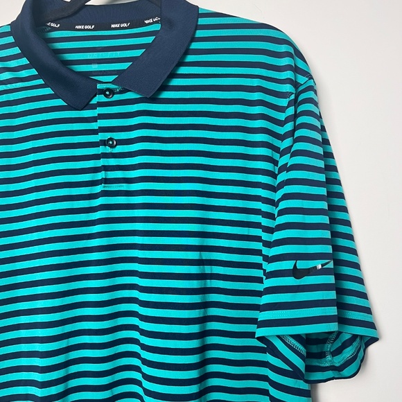 Nike Golf Dri Fit Performance Teal Blue Striped Black Swoosh Polo Shirt Mens 2XL - Picture 10 of 10